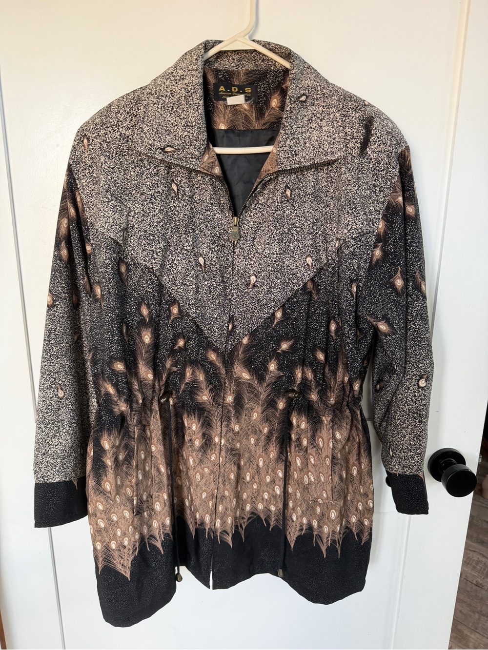 Vintage A.D.S. Sak Francisco Women's Black & Brown Patterned Zip Jacket Peacock